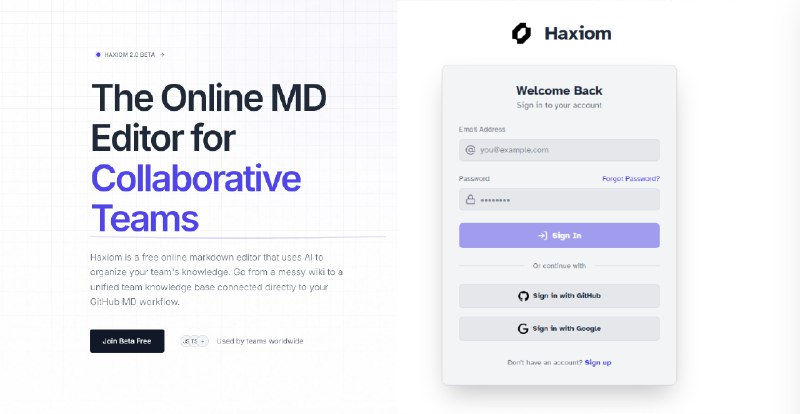 10. Haxiom标语：面向协作团队的在线医学文档编辑器注：“MD”常见可指代“医学博士（Medical Doctor）”，在IT语境里也可能是“Markdown”（一种轻量级标记语言） ，由于没有更多信息，这里按“医学”理解