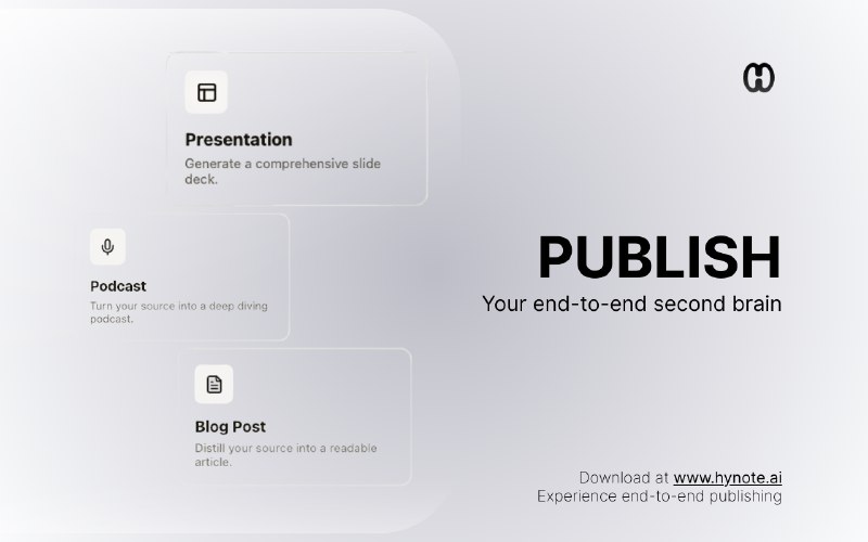 10. HyNote End-to-End Publish标语：能把任何会议内容、PDF 文件或其他文件转化为清晰易懂、便于展示的见解