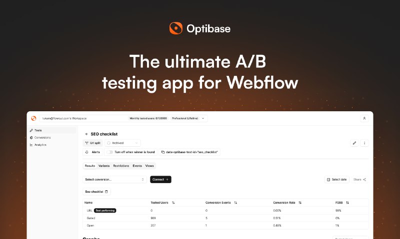 8. Optibase 2.0标语：专为 Webflow 打造的终极 A/B 测试应用程序介绍：借助Optibase，为你的Webflow网站做出基于数据的决策