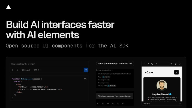 5. AI Elements by Vercel标语：用于构建原生人工智能应用程序的 shadcn/ui 组件库介绍：AI Elements是一个开源库，它包含可定制的React组件，用于结合Vercel AI软件开发工具包（SDK）来构建界面