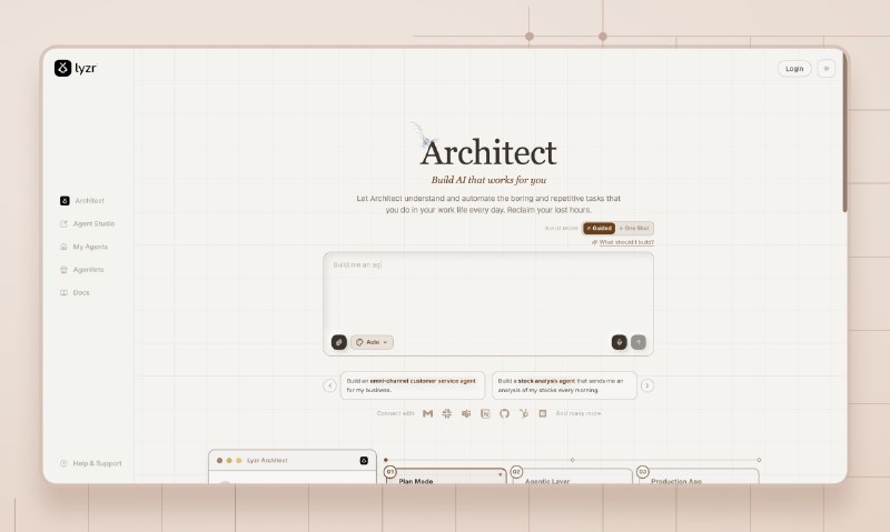 3. Architect by Lyzr标语：打造为你所用的人工智能介绍：要是N8N和Lovable“结合”会怎样呢？嗯，“架构师（Architect）”就是这样的产物！在编写第一行代码之前，你就能搭建强大的多智能体AI系统，还能对每一个决策、每一次集成和每一个流程做到心中有数、掌控自如