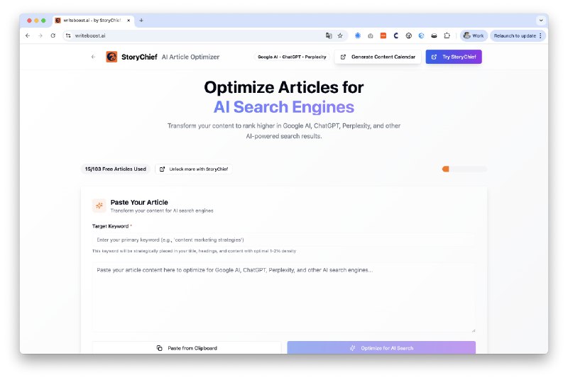 2. StoryChief标语：粘贴内容并自动为人工智能搜索进行优化