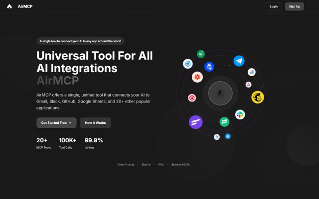 10. Air MCP标语：一站式人工智能集成工具，让人工智能接入你的应用程序解释：“Tool For All AI Integrations”直译为“适用于所有人工智能集成的工具”，意译为“一站式人工智能集成工具”更符合日常表达习惯；“let AI use your apps”直译为“让人工智能使用你的应用程序”，“接入”比“使用”在IT语境里更专业准确，且整体译文简洁易懂