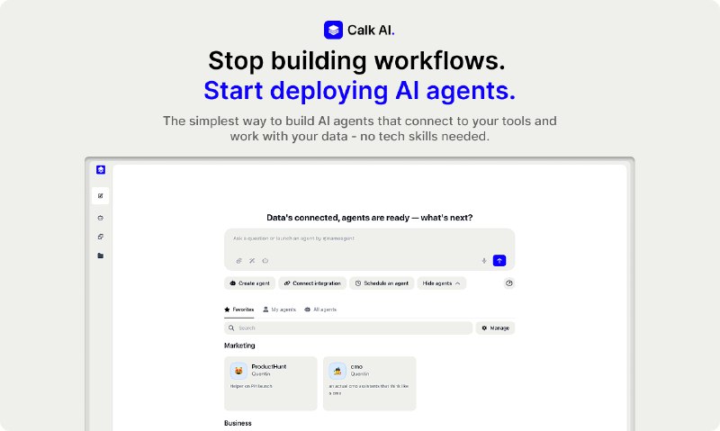 4. Calk AI 1.0标语：没有节点困扰的人工智能代理解析：“AI Agents”常见释义为“人工智能代理” ；“without...headaches”直译为“没有……的头疼事”，意译为“没有……的困扰” ；“nodes”即“节点” 