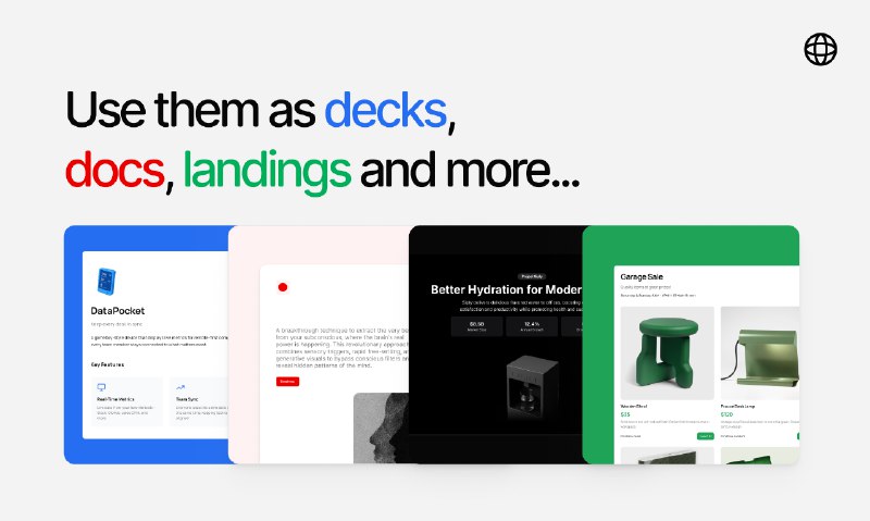 8. Faces标语：用于展示幻灯片、文档、着陆页等内容的即时网站解释：“Instant sites”直译为“即时网站”，“decks”常见于 IT 领域，这里结合语境可理解为“幻灯片”，“docs”就是“文档”，“landings”在网络相关语境中常指“着陆页” ，“and more”表示“等等、以及更多内容” ，整体译文以符合科普杂志或日常对话的风格呈现