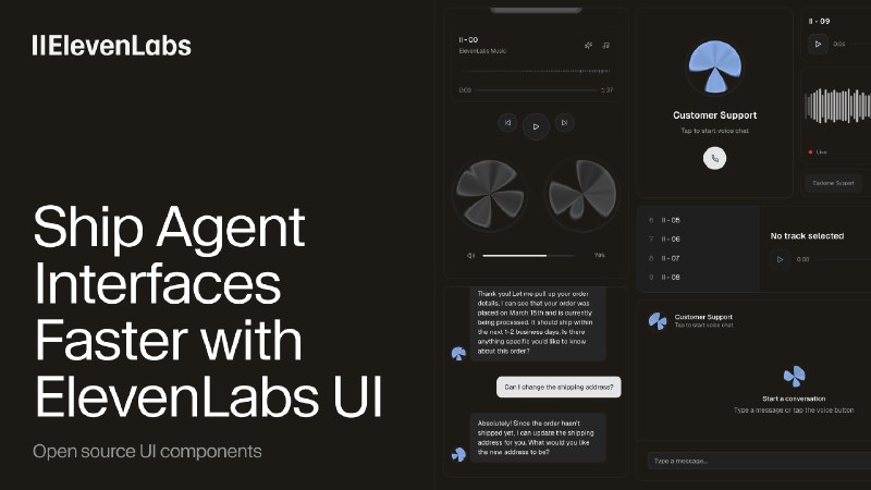 2. ElevenLabs UI标语：用于人工智能音频和语音代理的开源组件介绍：ElevenLabs用户界面（UI）是一个基于shadcn/ui构建的开源组件库，能帮你更快速地打造人工智能音频和语音代理体验