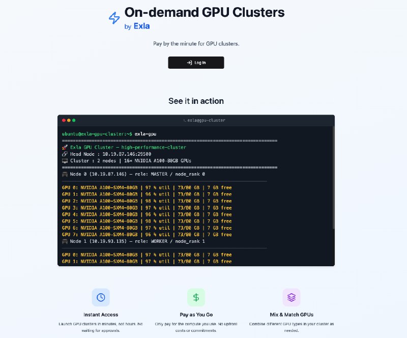9. Exla FLOPs标语：按需使用的GPU集群——随时随地都能用上的超低价H100芯片注：H100 是英伟达公司推出的一款专业 GPU 芯片，在翻译时保留英文名称，方便读者理解