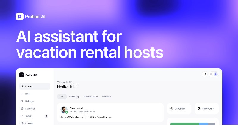 4. ProhostAI标语：用于爱彼迎消息沟通、任务管理和清洁安排的人工智能助手介绍：ProhostAI——一款一体化人工智能助手，可用于处理宾客沟通、维护管理、清洁安排、追加销售以及制作指南手册等事务，让度假租赁房东能够轻松实现业务拓展，毫无压力