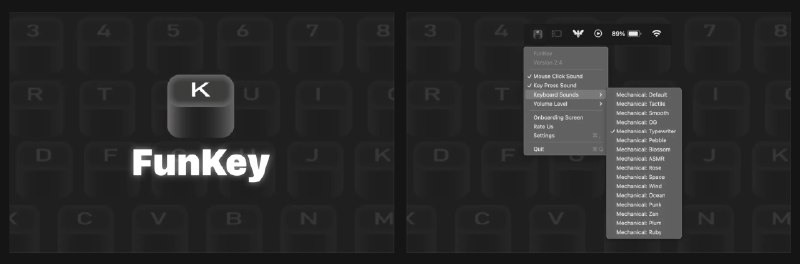 3. FunKey 3.0标语：为你的苹果电脑带来令人满足的机械键盘按键声和鼠标点击声介绍：FunKey 能为你的苹果电脑增添令人愉悦的机械键盘和鼠标点击音效，让打字过程更有沉浸感，也更有趣