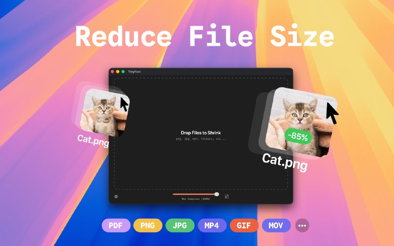2. TinyFast标语：适用于 macOS 的快速文件大小缩减工具介绍：TinyFast 是一款适用于 macOS 系统的应用程序，它可以在本地对 PNG、JPEG、MP4、MOV、PDF 和 GIF 文件进行压缩