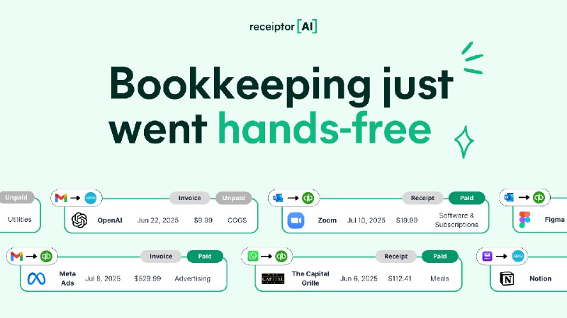 PH今日热榜 | 2025-09-031. Receiptor AI 2.0标语：借助人工智能实现自动记账解析：“Bookkeeping”是“记账”的意思；“on Autopilot”原意是“自动驾驶”，这里引申为“自动地” ；“with AI”表示“借助人工智能”，整体组合起来就是“借助人工智能实现自动记账”，这样的表达简洁明了，符合科普杂志或日常对话的风格