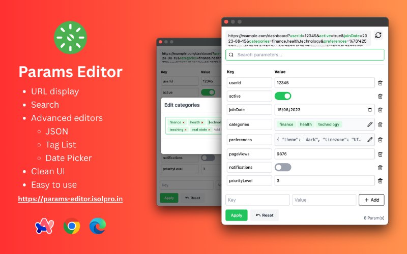 4. Params Editor for Chromium Browsers标语：使用智能输入类型编辑 URL 查询参数介绍：参数编辑器是一款扩展工具，旨在简化开发者、QA测试人员和技术专家处理URL查询参数的流程