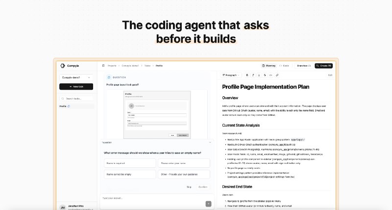 7. Compyle标语：在编写代码前会先询问需求的编码助手介绍：别再浪费时间调试那些做出错误成果的自主智能体啦