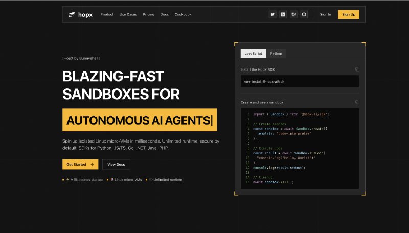 9. The Cloud for AI Agents标语：在大约 100 毫秒内启动安全沙箱