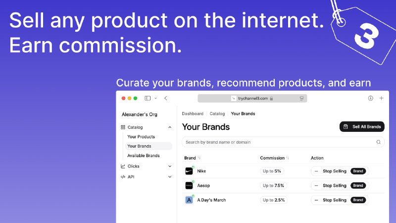 6. Channel3标语：通过应用程序编程接口（API）查找任意产品并从销售中赚取佣金介绍：Channel3 能让你搜索全球的商品，还能通过推荐商品来赚钱