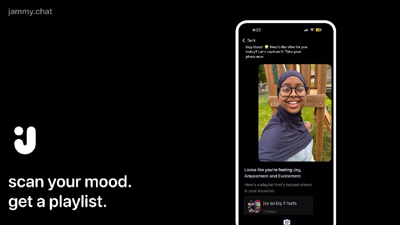 7. Jammy Chat标语：根据你面部表情生成的播放列表介绍：“Jammy”是让你快速审视自我、转换心情的法宝，无需言语