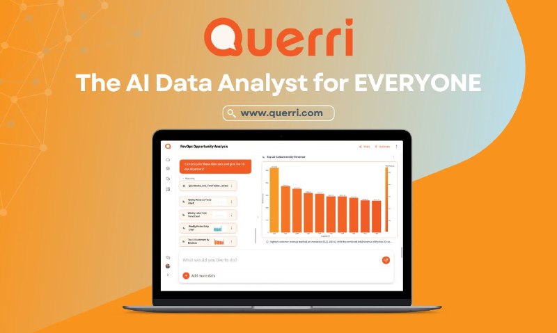 7. Querri 2.0 标语：借助即时可视化效果进行自然语言数据分析介绍：奎瑞（Querri）改变了团队处理数据的方式，让数据的连接、清理、分析和可视化变得轻松简单，而且所有这些操作都能在一个平台上完成