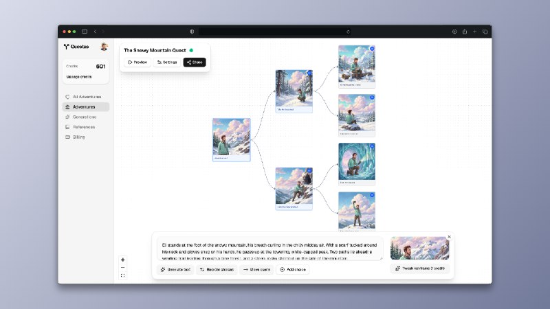 PH今日热榜 | 2025-11-271. Questas标语：Build interactive stories with AI images and videos介绍：Questas lets you build choose-your-own-adventure stories with AI-generated images and videos. Start with a character and a simple concept, and Questas turns it into a branching story you can edit, share, and play through like an interactive book.Product Hunt: 查看详情产品网站: 立即访问关键词：Build interactive stories with AI images and videos, Questas票数：🔺382是否精选：是发布时间：2025年11月26日 PM04:01 (北京时间)