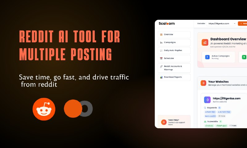 4. Scaloom标语：Reddit多平台发帖——一键在多个子版块发布内容介绍：借助“子版块多平台发布”功能，在Reddit上触达更多用户