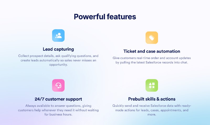 9. Jotform Salesforce Agent标语：适用于Salesforce的人工智能聊天机器人注：Salesforce是一家知名的云计算服务提供商，在翻译其名称时一般直接使用其英文名称，因为该品牌在业内已广为人知