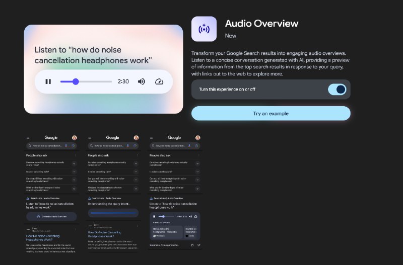 10. Audio Overview标语：听听你的谷歌搜索结果解释：这句话比较直白，“Listen to”是“听”的意思，“your Google Search results”就是“你的谷歌搜索结果”，整体意思就是让用户去听自己在谷歌上搜索得到的结果，可能是指搜索结果以语音形式呈现出来供用户听取