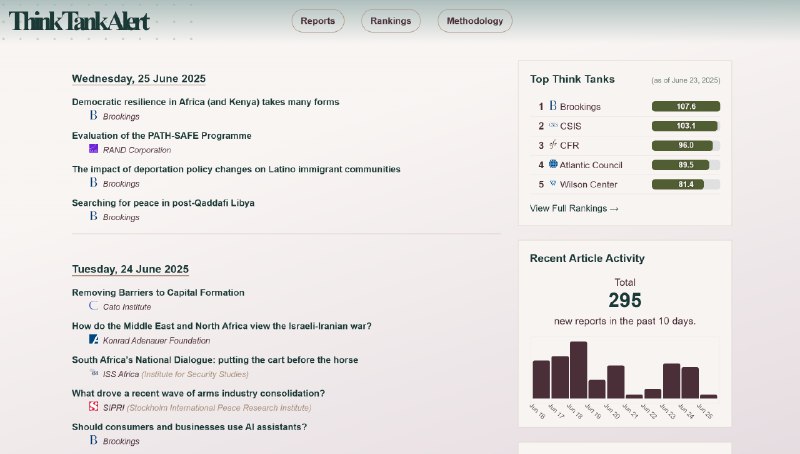 7. Think Tank Alert标语：最新智库报告与智库排名介绍：探索来自智库的最新文章，了解知名智库在全球排名中的表现如何