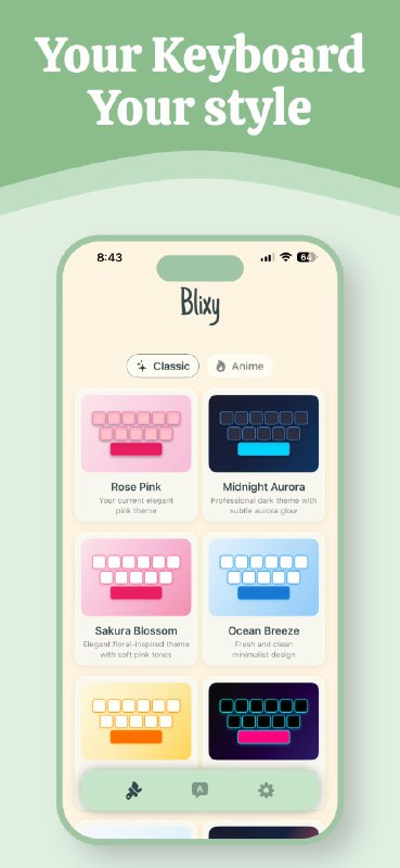 7. Blixy标语：字体与主题键盘这里“Fonts & Themes”指的是字体和主题，“Keyboard”就是键盘，整体表达的是带有不同字体和主题样式的键盘