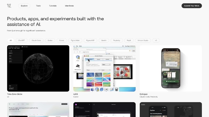 5. Varchive标语：一个展示人工智能辅助构建成果、提供灵感并分享操作指南的平台这里“showcase”直译为“展示柜”，结合语境意译为“展示平台”；“AI-assisted builds”指人工智能辅助构建出来的成果；“inspiration”即“灵感”；“how-tos”表示操作方法、指南等