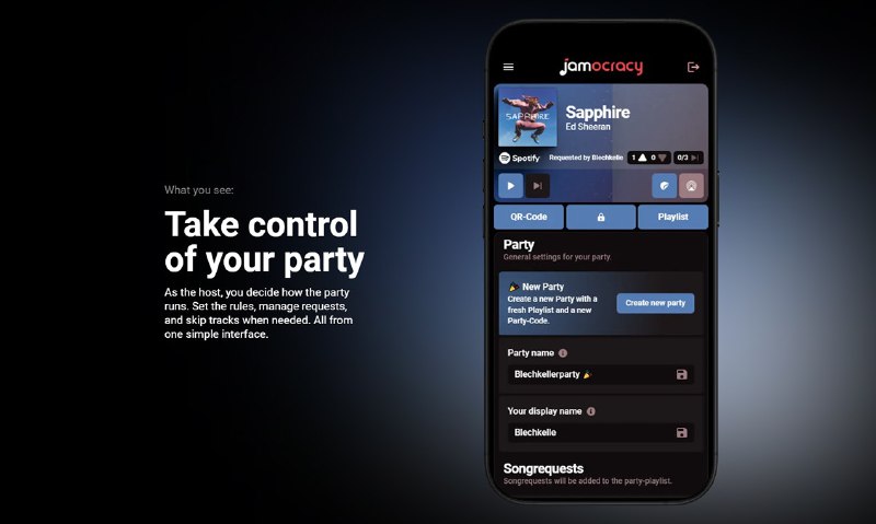 4. Jamocracy标语：一起创建你的 Spotify 播放列表吧！介绍：Jamocracy是一款超棒的Spotify音乐/歌单工具，能让派对和活动变得更有趣！它可以让宾客对歌曲进行投票，营造活跃氛围，还能让你掌控歌单