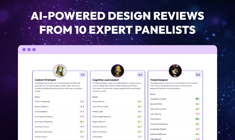 9. Gleam标语：由10位专家组成的评审团借助人工智能技术进行的设计评审介绍：Gleam能让你的设计接受来自10位人工智能评审专家的系统性评估，这些专家各有所长，涵盖用户体验、视觉设计、无障碍设计、产品策略等多个领域