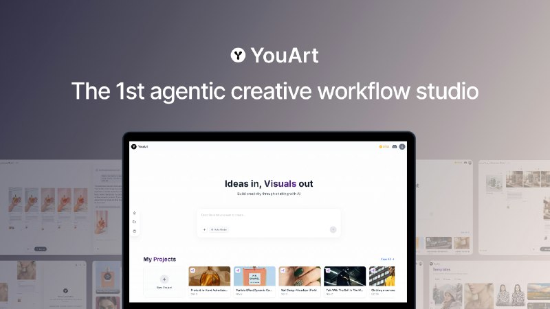 5. YouArt标语：一个能助力打造高质量创意作品的高效工作流工作室介绍：优艺（YouArt）是一家创意机构，它能把各类模型、工具和提示语整合起来，打造出简洁高效的创意工作流程