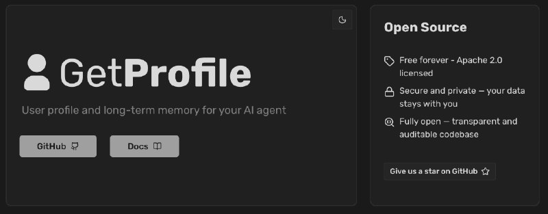 5. GetProfile标语：为你的人工智能代理设置用户档案和长期记忆功能介绍：为你的人工智能代理提供自托管的开源用户档案和长期记忆功能