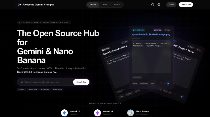 8. Awesome Gemini Prompts标语：适用于双子座（Gemini）和纳米（Nano）模型的终极开源库介绍：这是首个专门为谷歌Gemini打造的开源提示词库