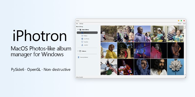 10. iPhotron标语：一款适用于 Windows 系统、具有 macOS 照片应用风格的照片管理工具介绍：一款适用于 Windows 系统、具有 macOS 照片应用风格的照片管理器——它原生支持文件夹管理，采用非破坏性编辑方式，支持 HEIC/MOV 动态照片，具备地图视图，并且支持 GPU 加速浏览