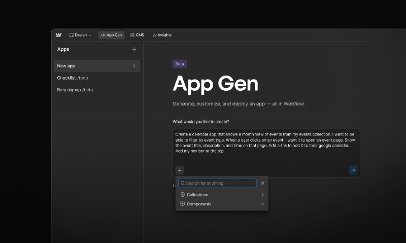 6. Webflow App Gen标语：借助人工智能技术，在 Webflow 平台上原生构建全栈网页应用程序