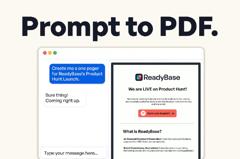 2. ReadyBase标语：几秒钟内将提示词内容转为PDF文件