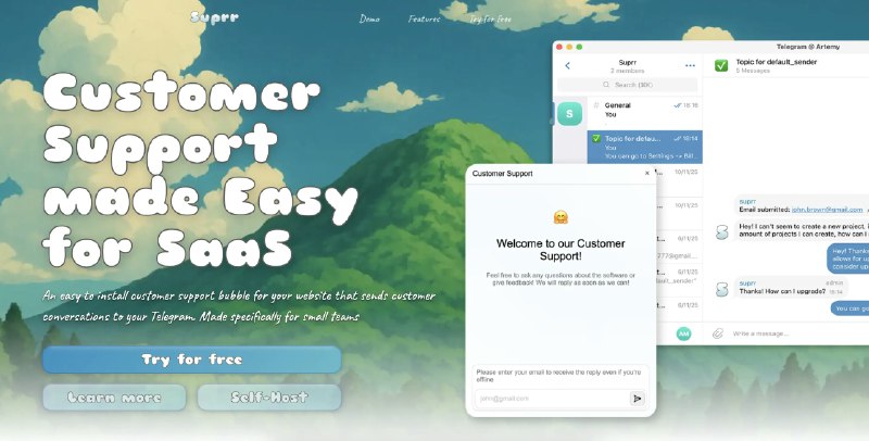 3. Suprr标语：来自Telegram的直接客户支持介绍：为你的网站提供一款易于安装的客户支持弹窗，它能将客户对话信息同步到你的 Telegram 上