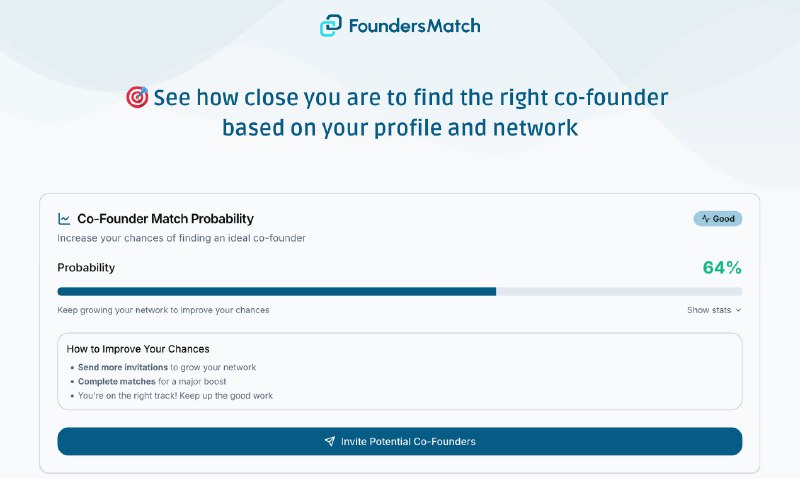 9. Founders Match标语：首个由人工智能驱动的联合创始人匹配平台介绍：“创始人匹配”（Founders Match）是首个由人工智能驱动的联合创始人匹配平台