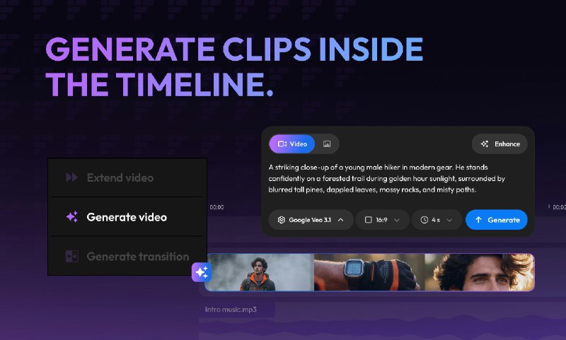4. Flixier Generate AI Video in Timeline标语：延长镜头时长、连接视频片段，还能从任意帧开始生成内容