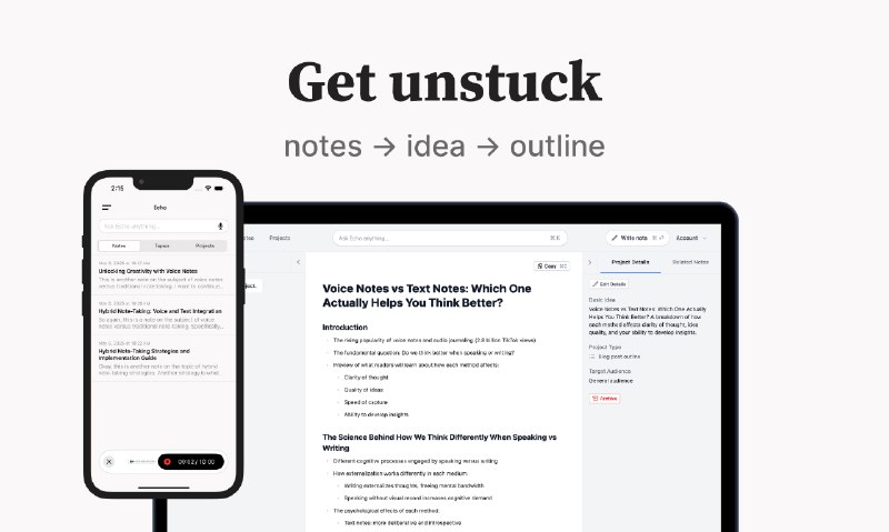 7. Echo Projects标语：把你的想法转化为大纲，无需借助那些华而不实的人工智能手段