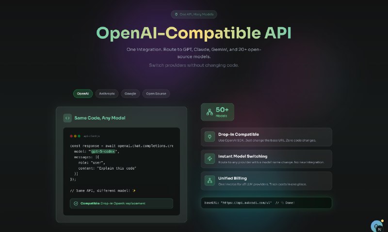 5. AskCodi标语：Custom LLMs, without training. Use via openai compatible api介绍：We provide an OpenAI-compatible orchestration layer that lets teams compose their own “virtual models” on top of any LLM - combining prompts, reasoning, review, and guardrails, and use them everywhere from your IDE to your backend. Key features 🔌 One OpenAI-compatible API for many LLMs 🧱 Custom m...Product Hunt: 查看详情产品网站: 立即访问关键词：AskCodi, Custom LLMs, without training. Use via openai compatible api票数：🔺192是否精选：是发布时间：2025年11月26日 PM04:01 (北京时间)
