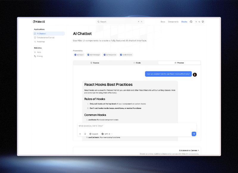 3. Kibo UI标语：适用于 shadcn/ui 的高级开源组件介绍：基博用户界面（Kibo UI）是一个可组合、无障碍且开源的组件自定义库，专为与沙德克恩用户界面（shadcn/ui）搭配使用而设计