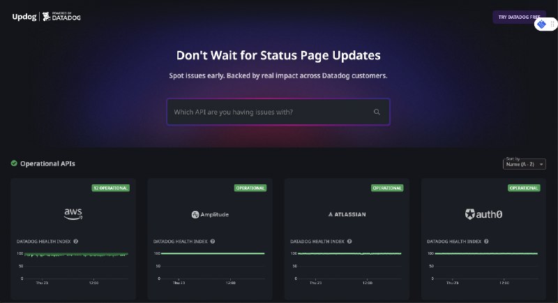 6. Updog by Datadog标语：别等状态页面更新了解释：“Don't Wait for”直译为“别等待”，“Status Page Updates”就是“状态页面的更新”，整体结合起来在日常对话或科普语境中，这样简洁的表达更符合习惯