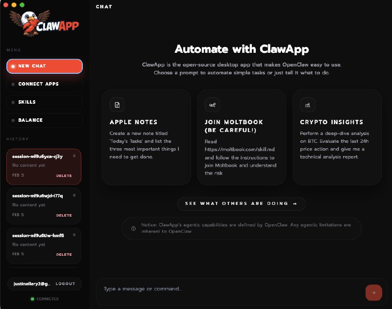 7. ClawApp标语：使用OpenClaw自动化执行任务的最简单方法介绍：ClawApp是一款适用于苹果 macOS 系统的桌面应用程序，旨在简化与 OpenClaw 机器人的交互操作