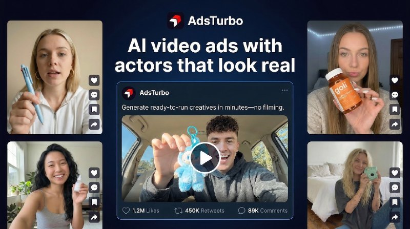 2. AdsTurbo标语：用看起来和真人一模一样的人工智能演员来制作广告