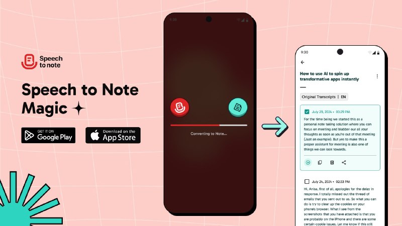4. Speech to Note Mobile App标语：随时随地记笔记！在线、离线都能用