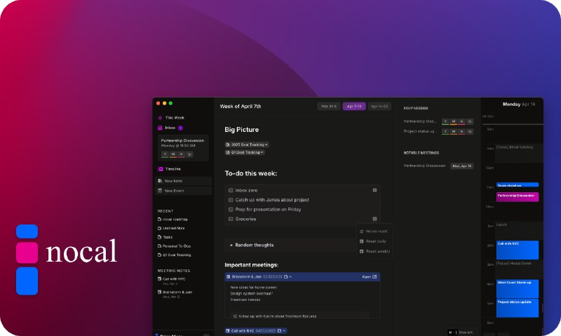 6. nocal for Google Calendar标语：一款像工作空间一样智能思考的日历应用解析：“thinks like a workspace” 形象地表达出这款日历具备类似工作空间的智能特性，能以一种符合工作场景需求的方式来“思考”和运行，“应用”一词补充说明了这是软件类的产品，让表达更完整易懂，整体风格符合科普杂志或日常对话