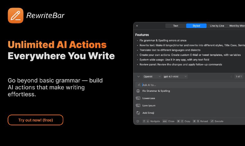 9. RewriteBar v2标语：现在支持与PopClip集成，具备后续跟进操作功能，并搭载本地人工智能技术