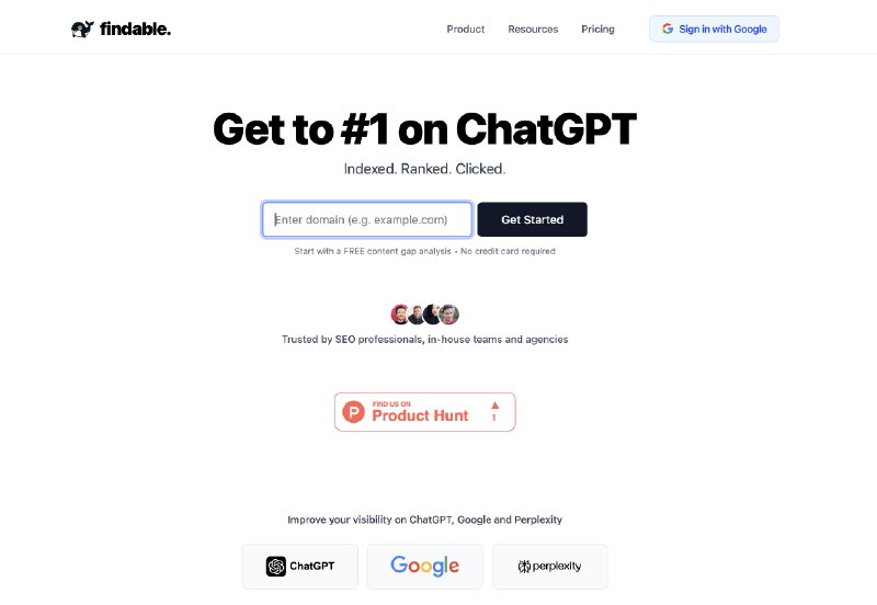 2. findable.标语：借助SEO 2.0让你的内容在ChatGPT搜索结果中排名第一注：“Get to #1”直译为“达到第一名”，这里结合语境意译为“排名第一”；“w/”是“with”的缩写；“ChatGPT”是知名的人工智能聊天工具，这里指在其搜索结果中的排名情况；“SEO 2.0”是搜索引擎优化的第二代技术