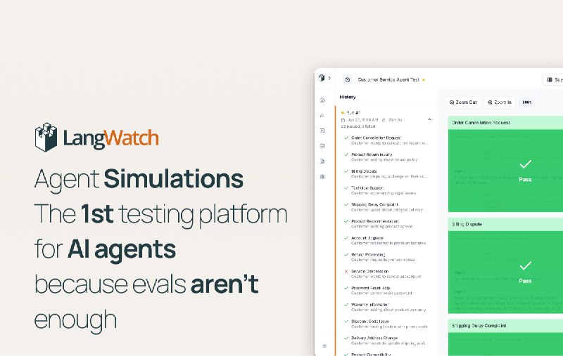 10. LangWatch Scenario - Agent Simulations标语：针对自主代码库的自主测试注：“agentic”在计算机领域常表示具有自主性、能动性的意思，这里“agentic codebases”可理解为具有自主特性的代码库，“agentic testing”就是针对这类代码库的测试